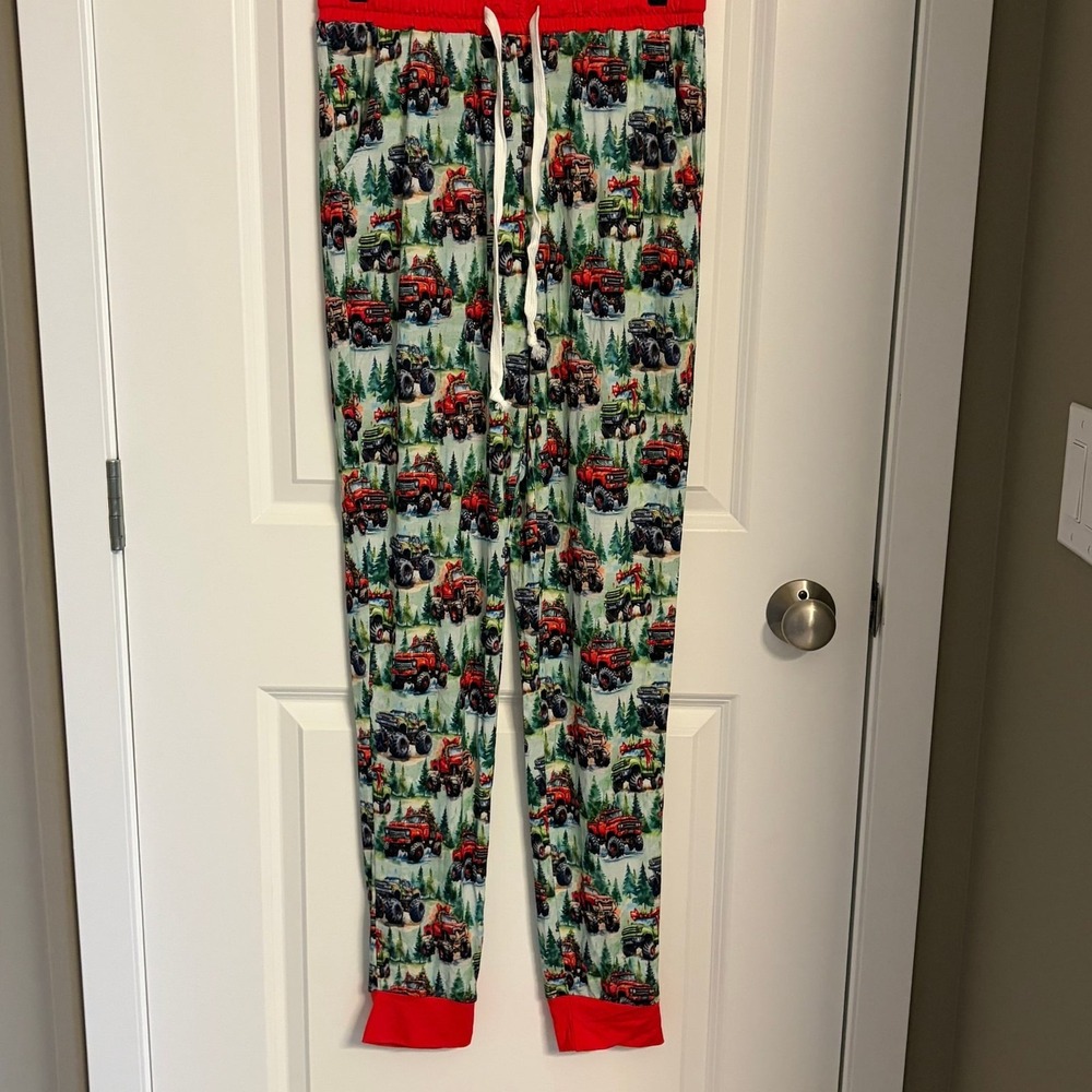 Sticky Frog Bamboo Christmas‎ Monster Truck Holiday Pajama Jogger Pants Small